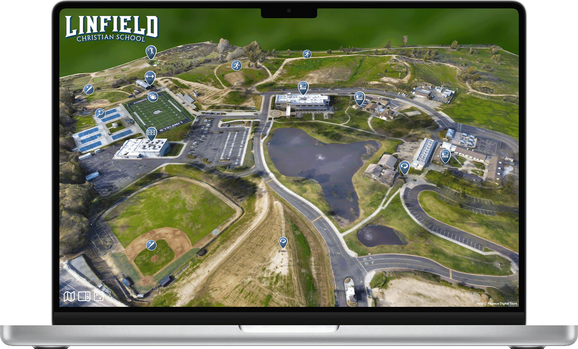 Interactive 3D model overview demonstrating spatial navigation and quick jumps in a campus virtual tour.