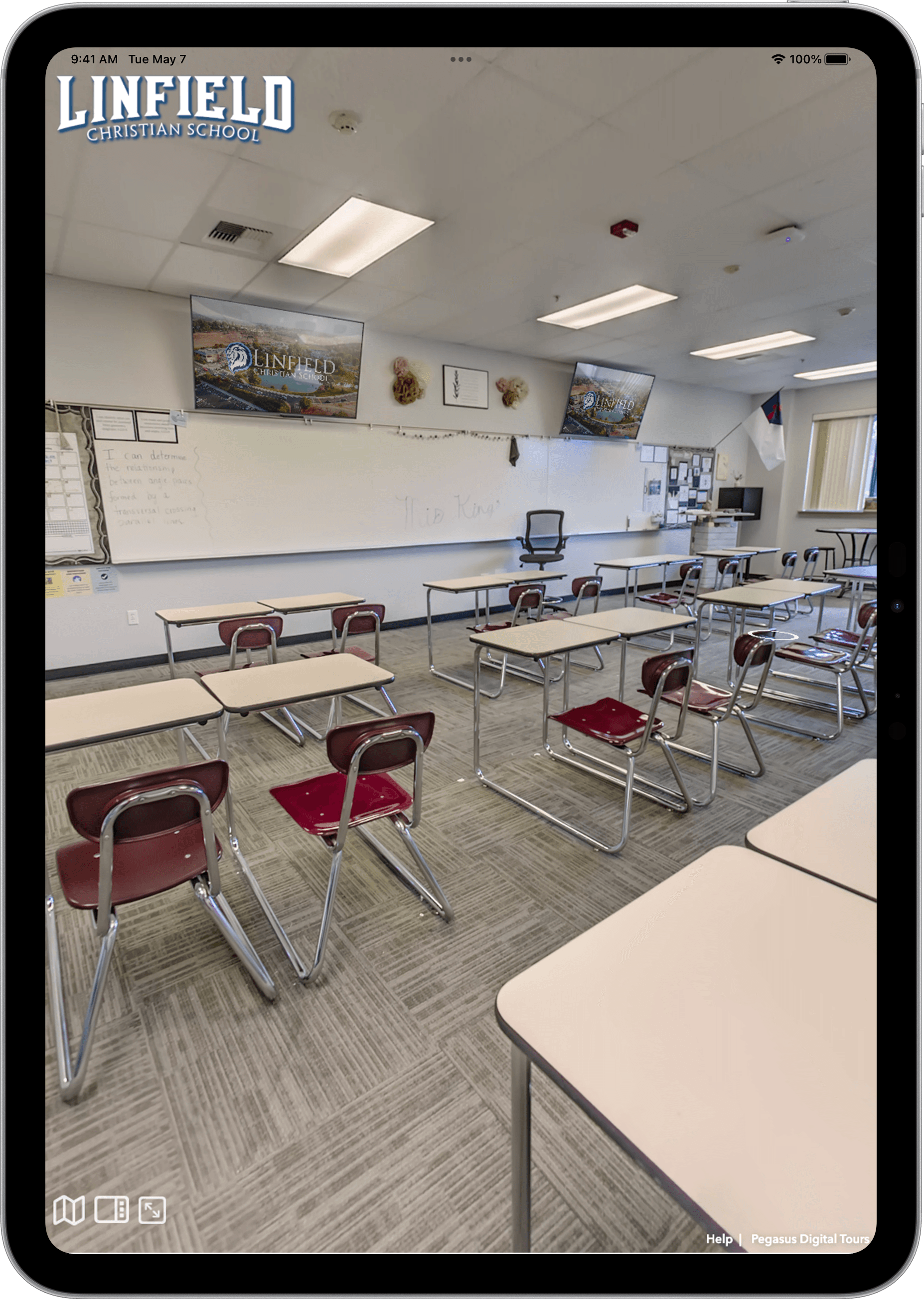 Interactive 360° virtual tour of Linfield Christian School's high school classroom.