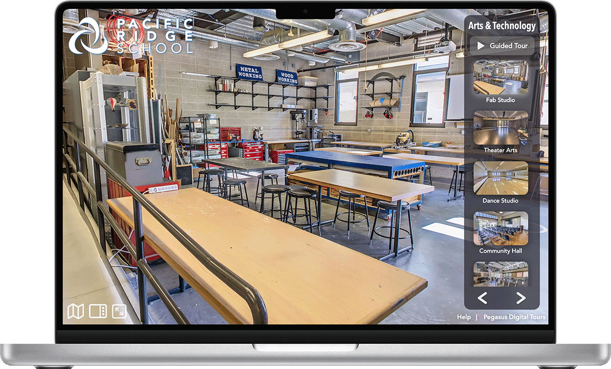 Ultra high resolution 360º image from a virtual tour of a high school wood shop.