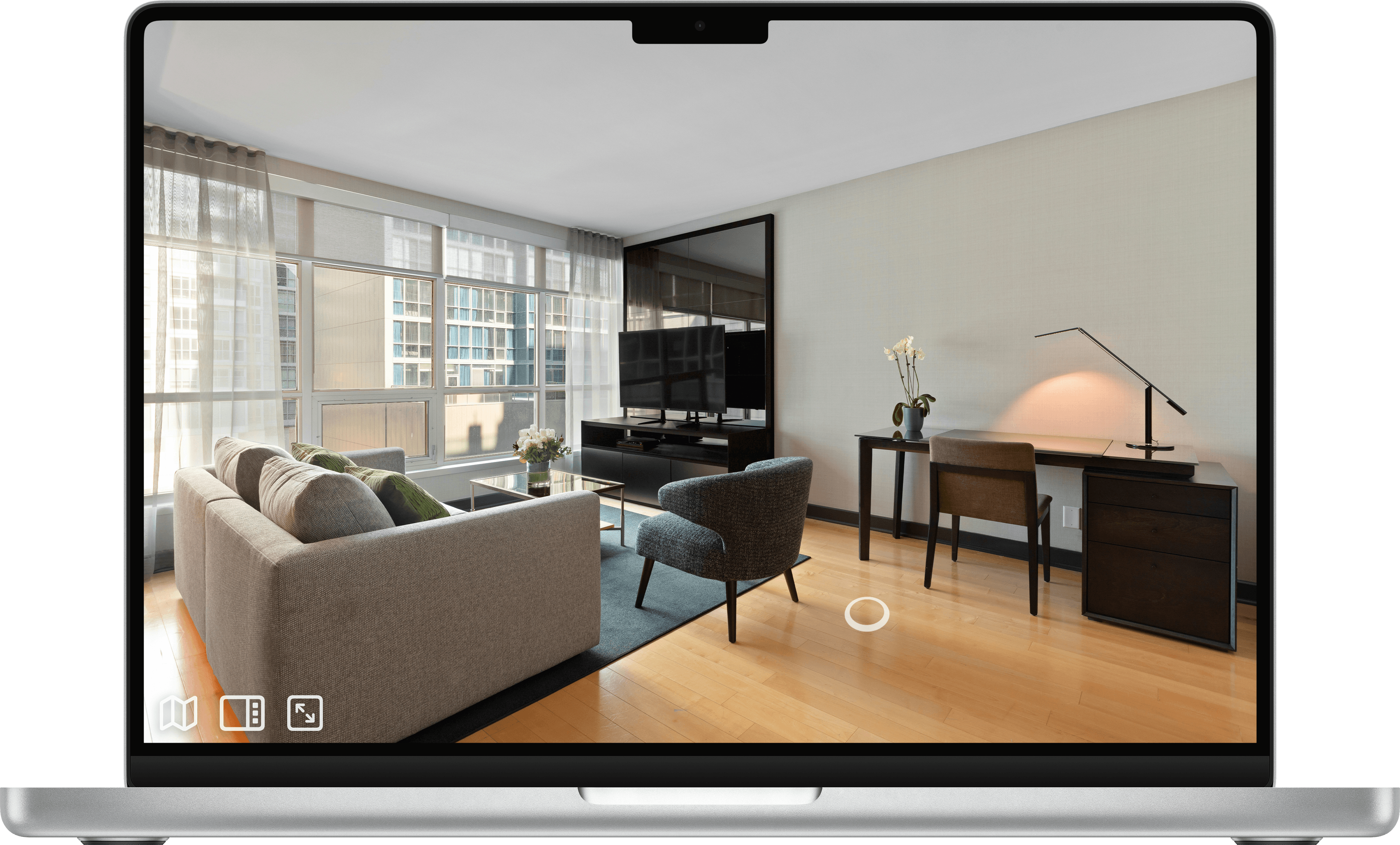 Interactive 360º virtual tour of a hotel living room.