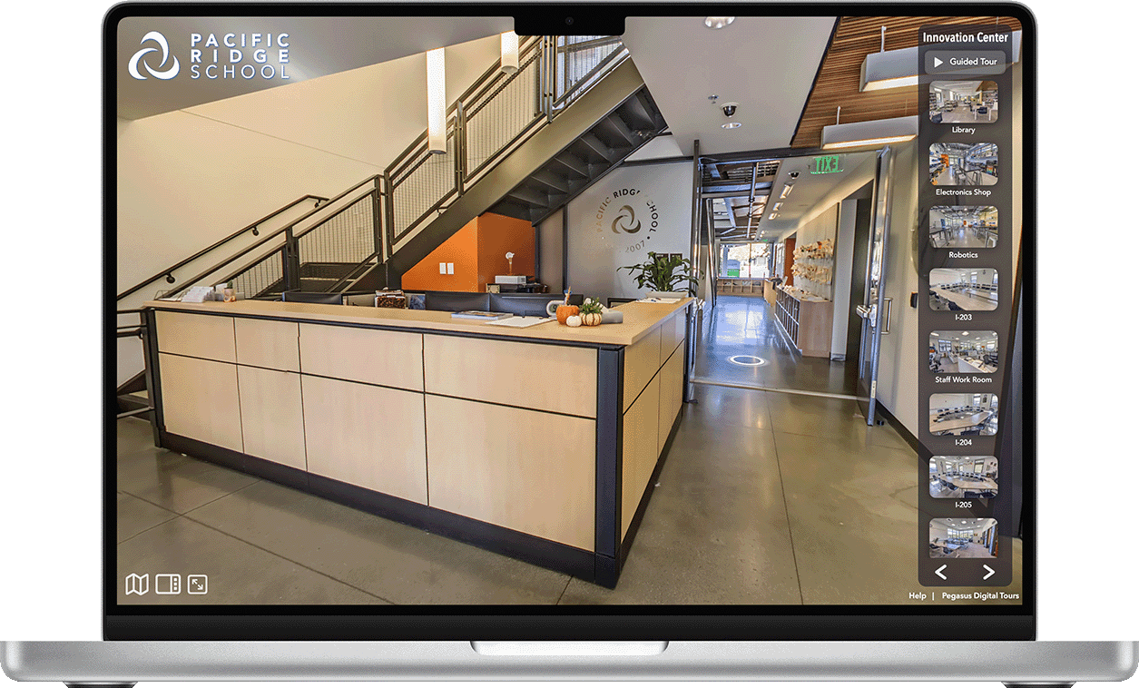Interactive 360° virtual tour of Pacific Ridge School's Innovation Center lobby.