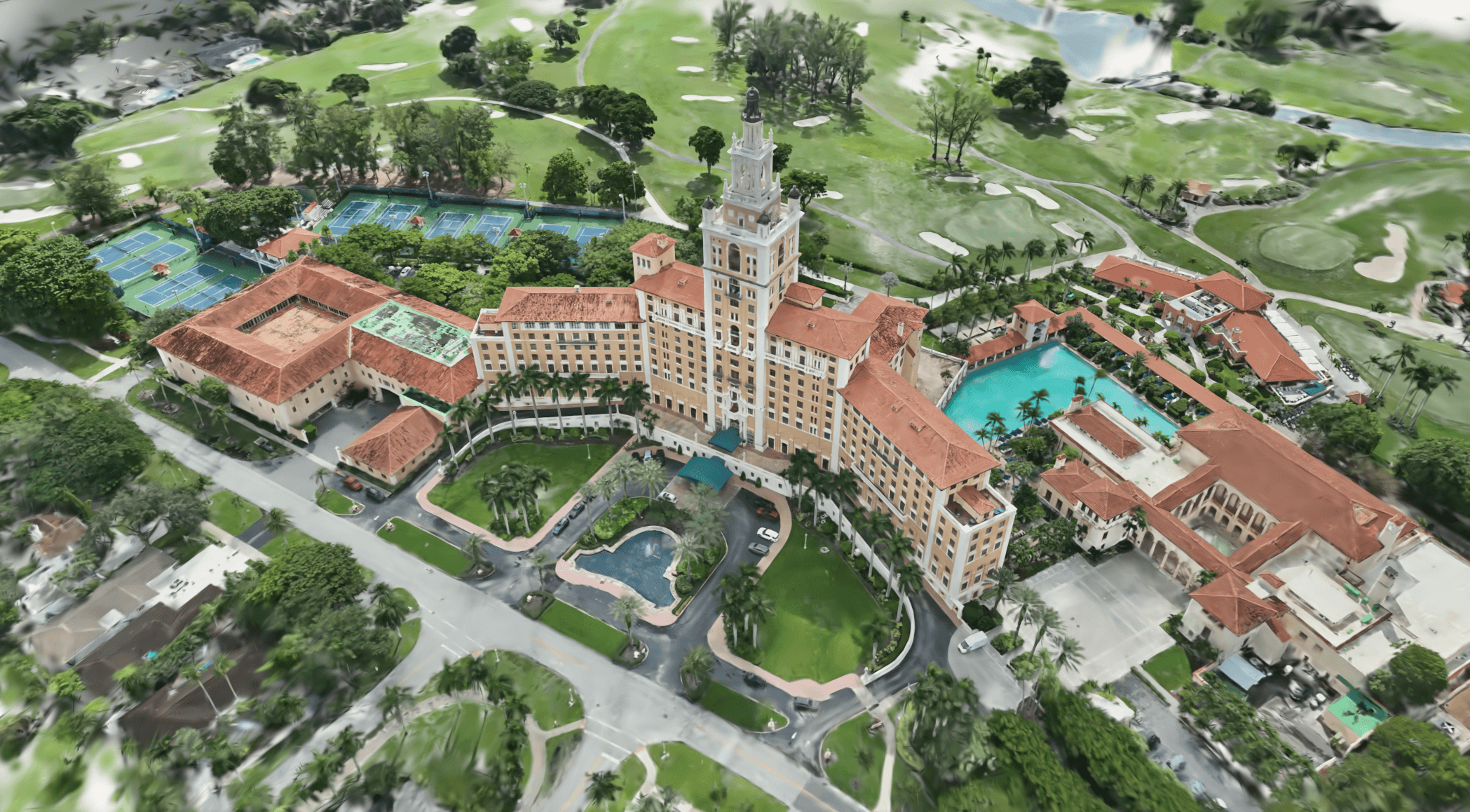 Interactive 3D map model from a virtual tour of a large resort complex.