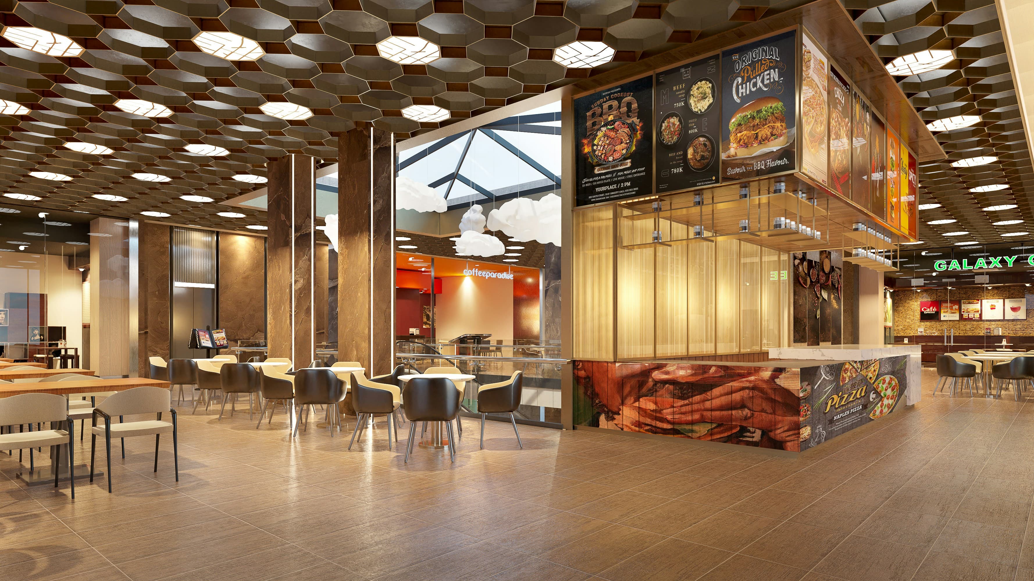 Virtual tour of a restaurant dining area.