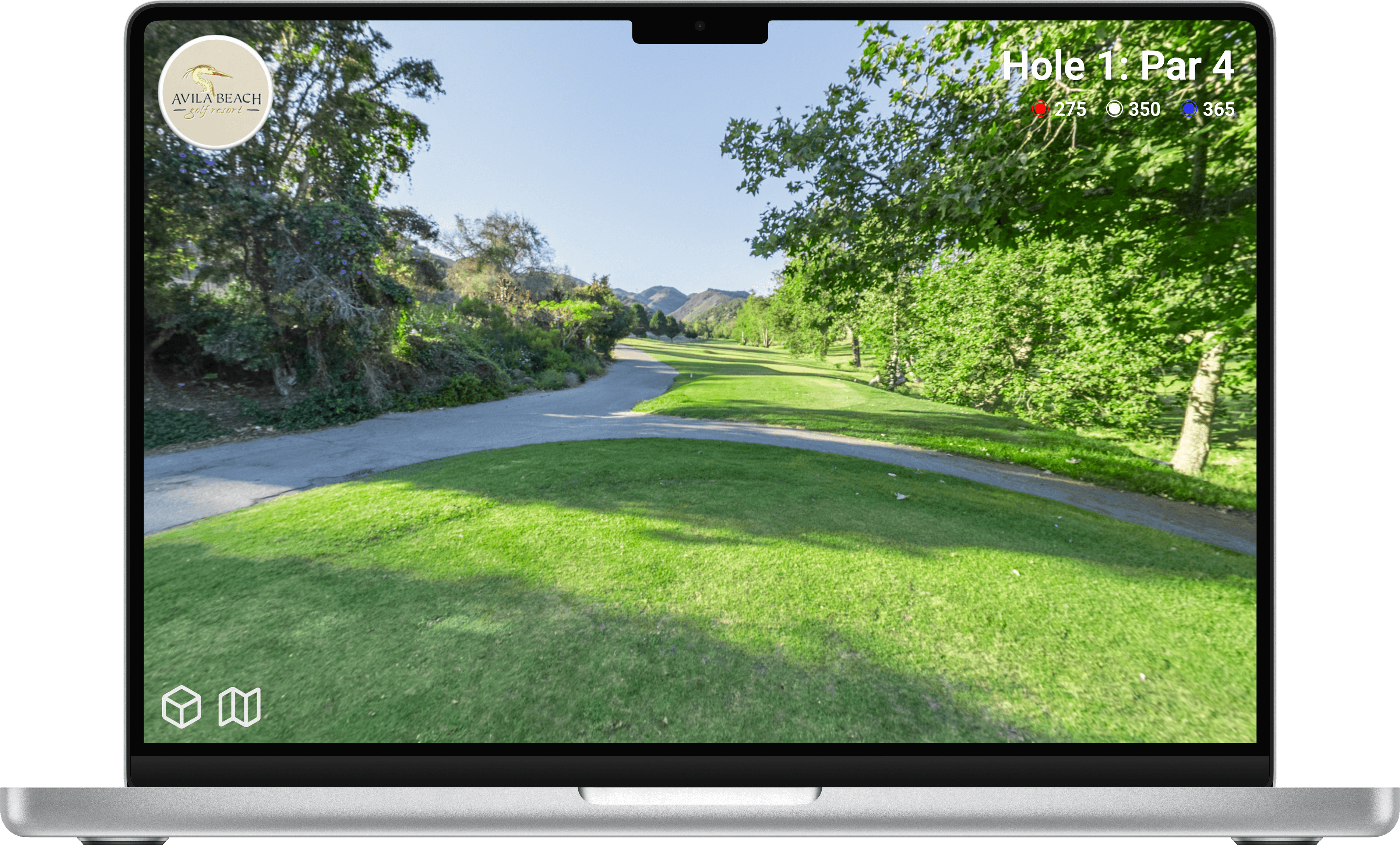Interactive 360º virtual tour of a golf resort hole showcasing the tee box looking down the fairway.