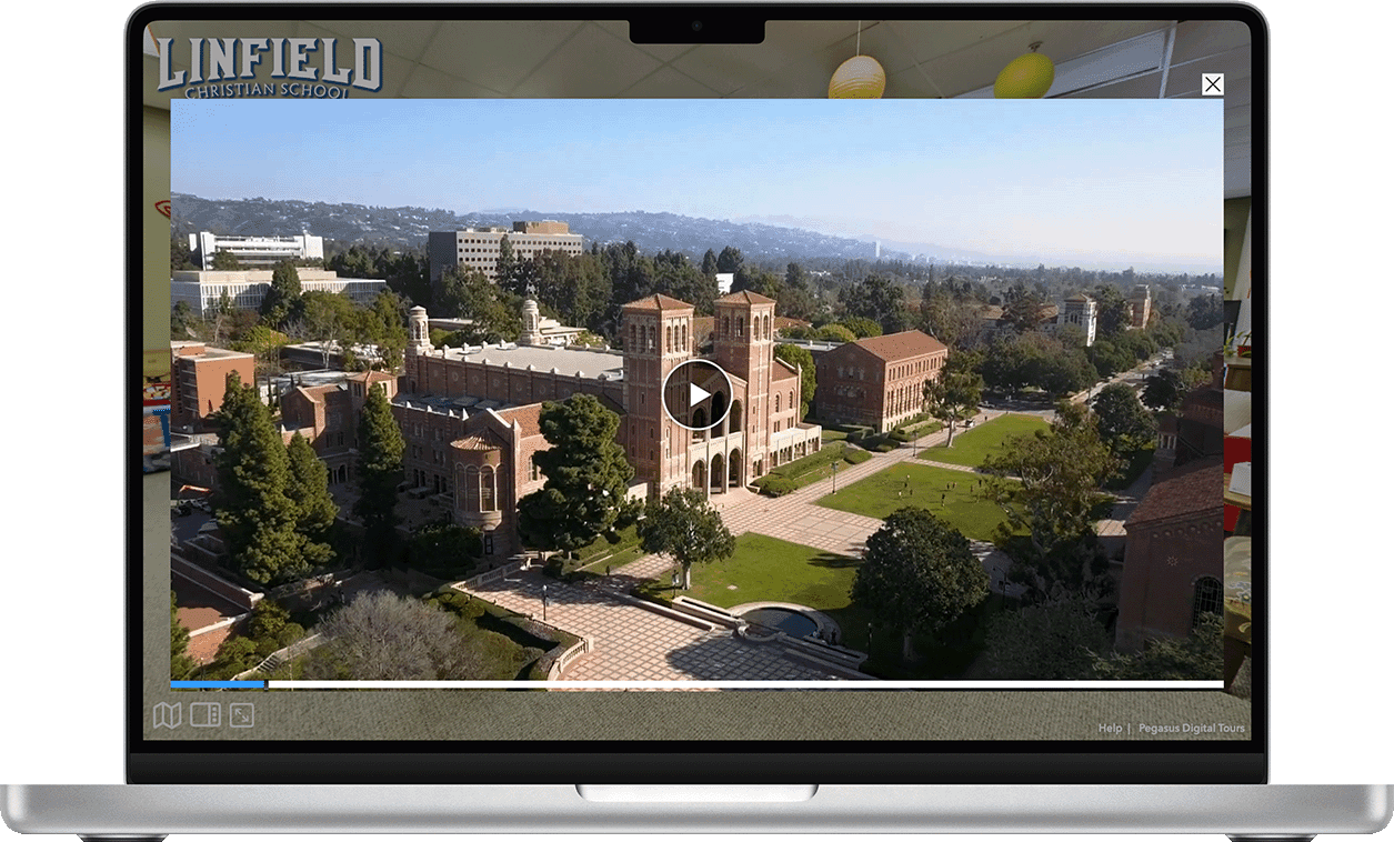 Hotspot activation revealing video popup in a school virtual tour.