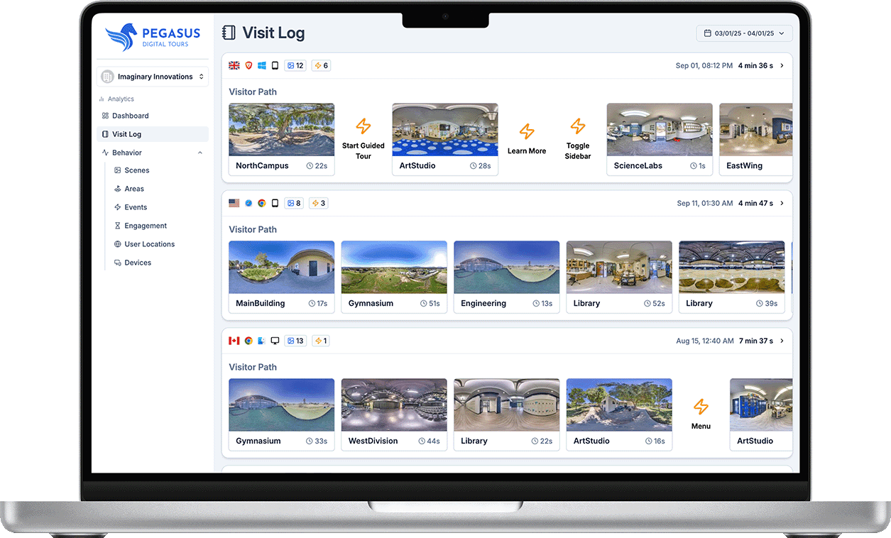 Pegasus dashboard visit log page showcasing virtual tour user paths and actions.