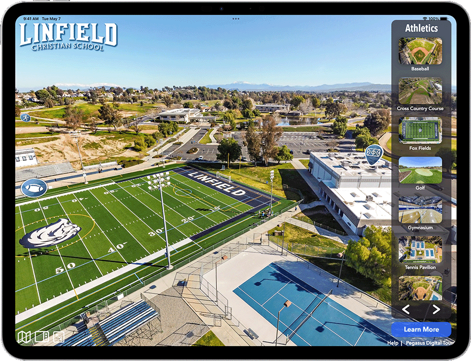 Ipad with a virtual tour displaying an athletic complex