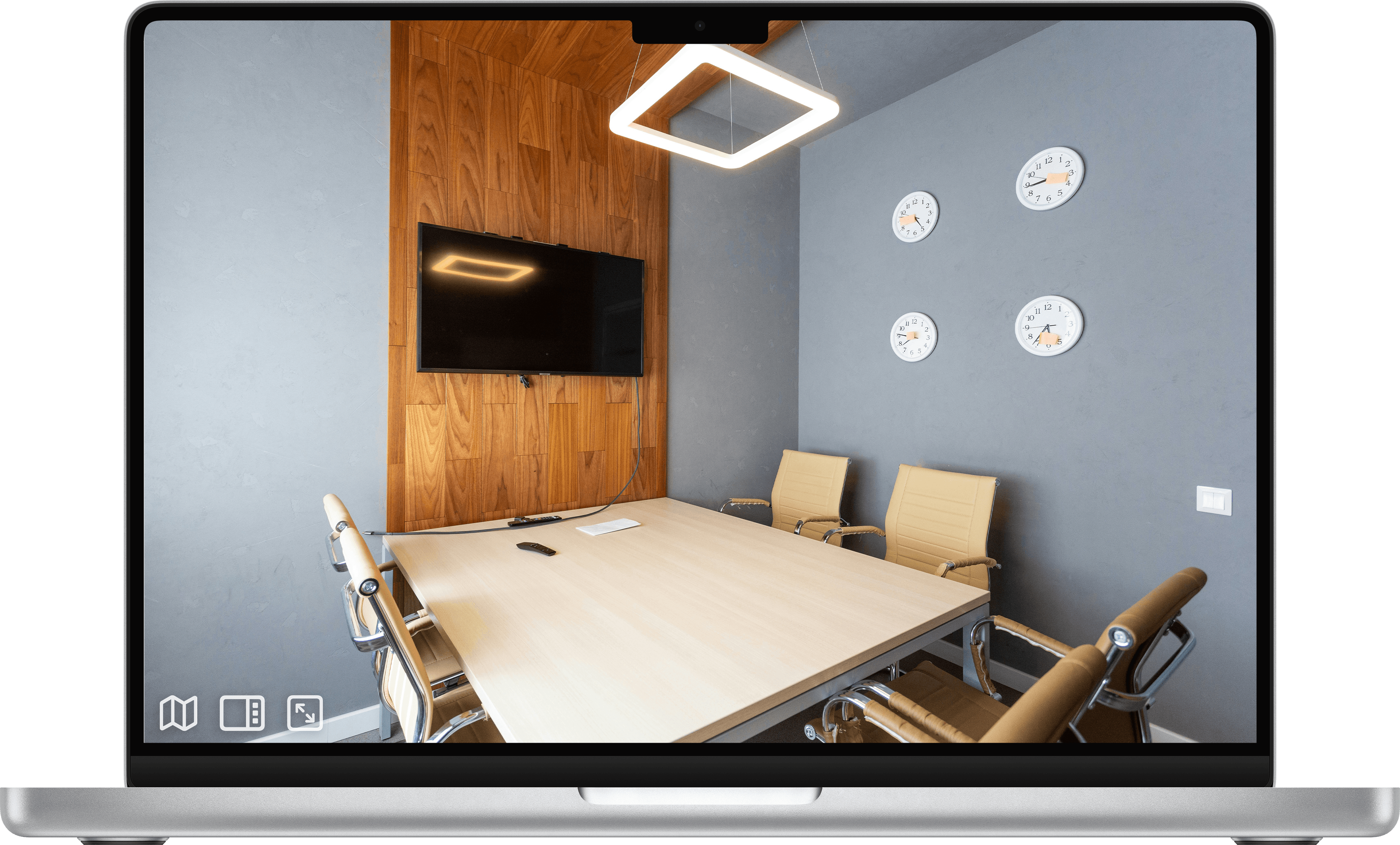 Interactive 360º virtual tour of a commercial office space showcasing the conference room.