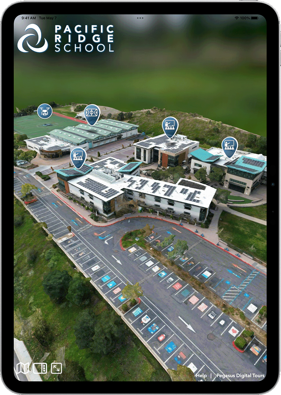 Ipad with a 3D map of a campus with many hotspot navigation buttons.